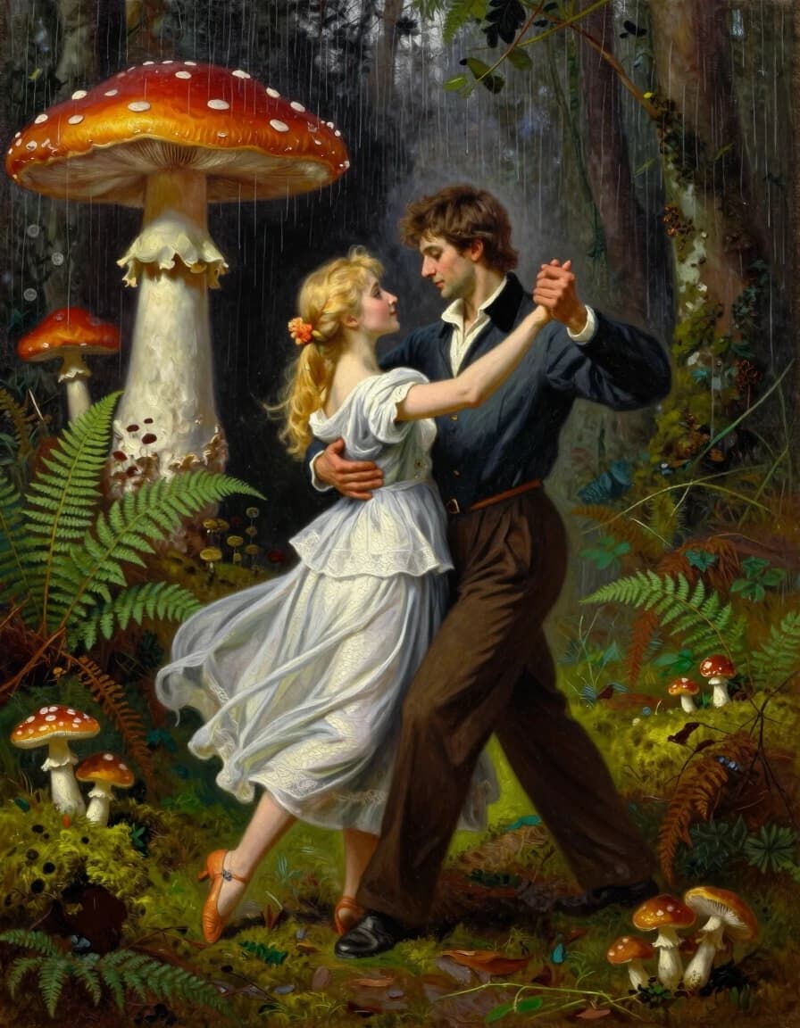 A masterpiece. Creating an image. Style - oil painting. ((A secluded forest glade among ferns, ((small mushrooms)) And moss, in the foreground, a beautiful blonde girl and a handsome young man are dancing together, holding hands, waltzing under a warm mushroom rain:1.6)). High resolution. High detail and clear texture. Close-up. High quality. Increased attention to small details. The aspect ratio is 3:4. The artists are Levitan, Shishkin.