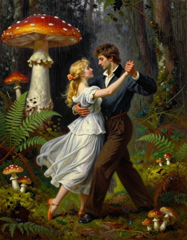 A masterpiece. Creating an image. Style - oil painting. ((A secluded forest glade among ferns, ((small mushrooms)) And moss, in the foreground, a beautiful blonde girl and a handsome young man are dancing together, holding hands, waltzing under a warm mushroom rain:1.6)). High resolution. High detail and clear texture. Close-up. High quality. Increased attention to small details. The aspect ratio is 3:4. The artists are Levitan, Shishkin.