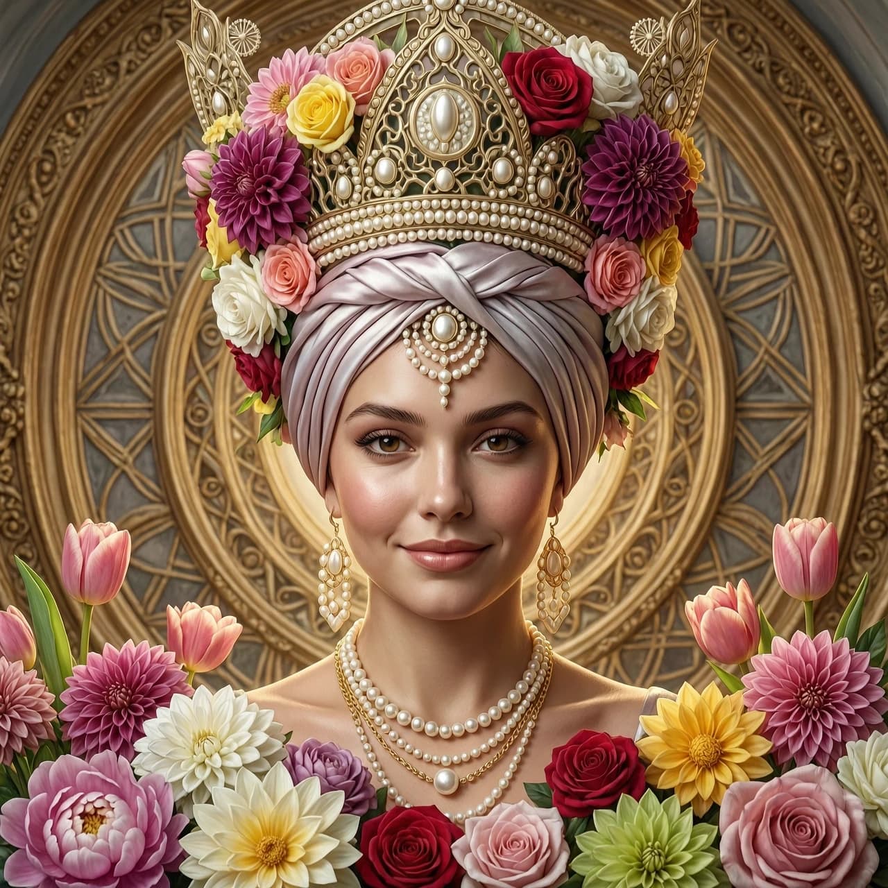 a close-up portrait of a gorgeous nice sexy flirty lovely lust expression arous tenderness  girl in front of an ornate rococo mandala wearing a huge elaborate detailed ornate crown made of all types of realistic colorful flowers, turban of flowers, sacred Geometry, Golden ratio, surrounded by scattered flowers peonies dahlias lotuses roses and tulips, photorealistic face, Cinematic lighting, rimlight, detailed digital painting, Portrait, headshot, in style of Artgerm, WLOP, Peter Mohrbacher, William adolphe Bouguereau, cgsociety, artstation, Rococo and baroque styles, symmetrical, hyper realistic, 8k image, 3D, supersharp, pearls and oyesters, turban of vibrant flowers, satin ribbons, pearls and chains, perfect symmetry, iridescent, High Definition, Octane render in Maya and Houdini, light, shadows, reflections, photorealistic, masterpiece, smooth gradients, no blur, sharp focus, photorealistic, insanely detailed and intricate, cinematic lighting, Octane render, epic scene, 8K