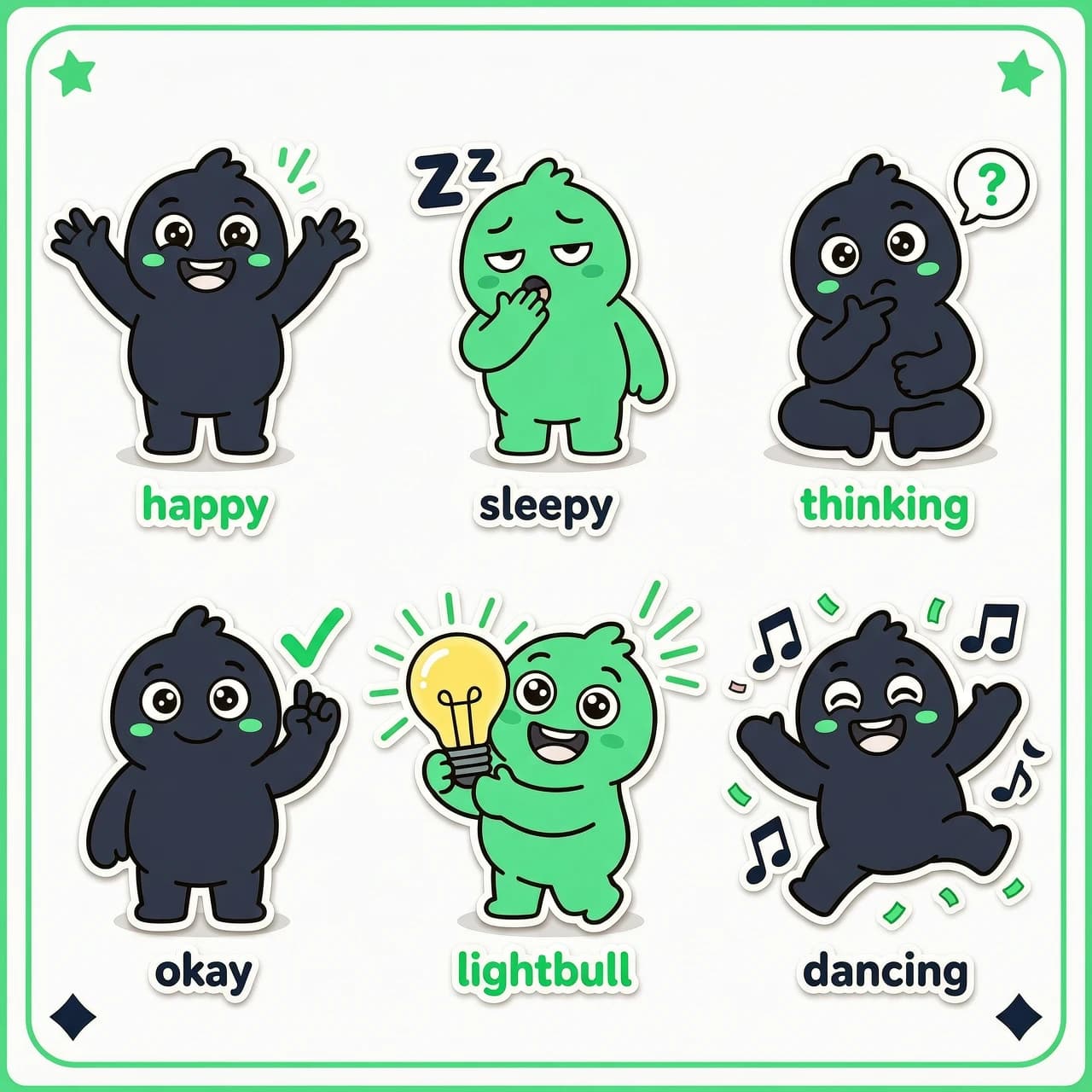 6 stickers of [имя вашего маскота] in different emotions and actions: happy and waving, sleepy/tired, thinking/curious, showing okay gesture, holding a light bulb, dancing. Cartoon style, colors dark blue #262833 and bright green #39e991, white background, clean lines, square format 512x512