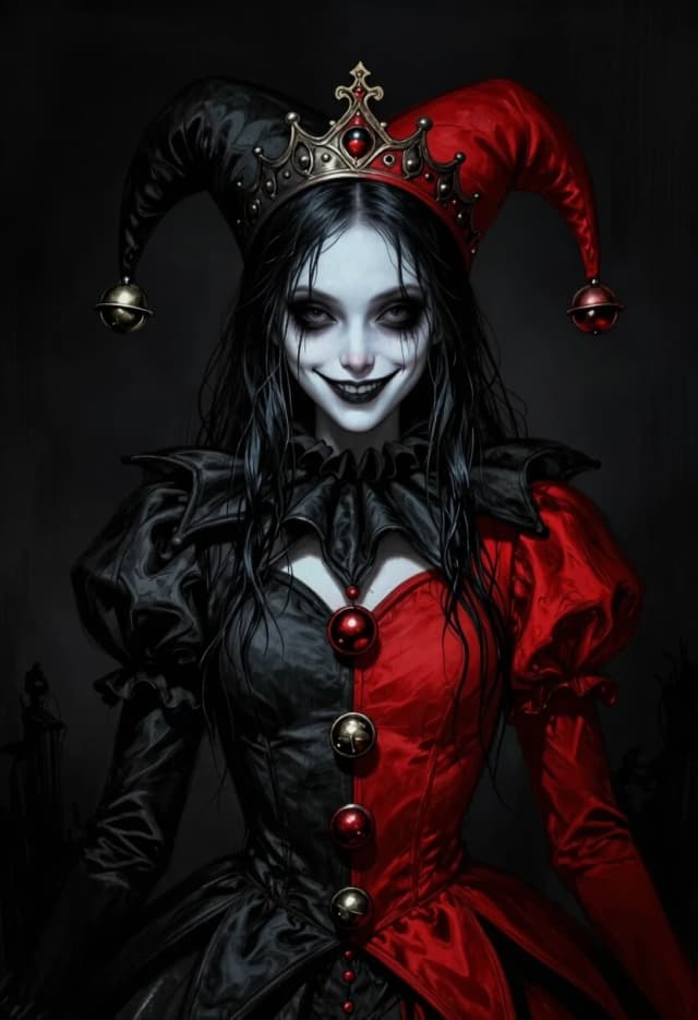 Dark gothic girl jester portrait, split black and red costume with bells, ornate crown, long wet black hair, pale porcelain skin, mischievous playful smile, ruffled collar, dramatic chiaroscuro lighting, highly detailed digital art, dark fantasy illustration, black background, artistic sketch style, mysterious expression with smirk, harlequin outfit, metallic accessories, moody atmosphere
