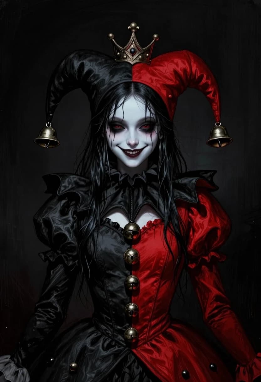 Dark gothic girl jester portrait, split black and red costume with bells, ornate crown, long wet black hair, pale porcelain skin, mischievous playful smile, ruffled collar, dramatic chiaroscuro lighting, highly detailed digital art, dark fantasy illustration, black background, artistic sketch style, mysterious expression with smirk, harlequin outfit, metallic accessories, moody atmosphere