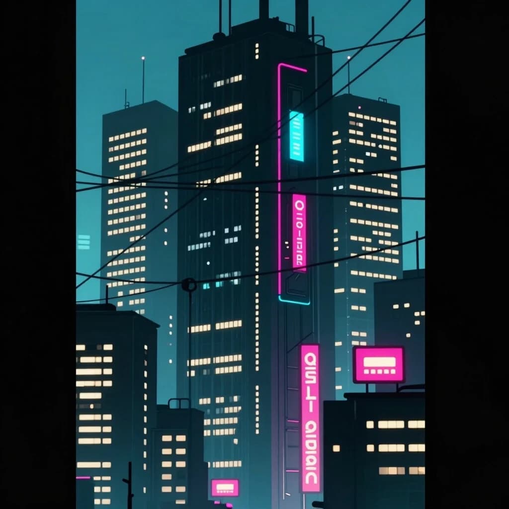 A cyberpunk-style city featuring towering skyscrapers, neon signs, and illuminated buildings. The city is crisscrossed with wires.
