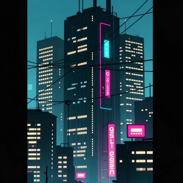 A cyberpunk-style city featuring towering skyscrapers, neon signs, and illuminated buildings. The city is crisscrossed with wires.