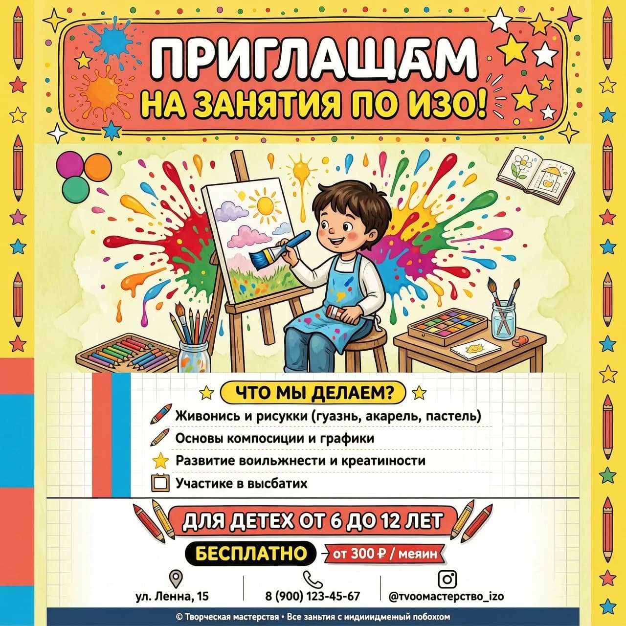 "Творческая мастерская" Крупный, яркий, игровой шрифт: ПРИГЛАШАЕМ 
 НА ЗАНЯТИЯ ПО ИЗО![ЦЕНТР: Визуальный блок]Здесь располагается сгенерированный рисунок (яркие брызги красок, карандаши, довольный рисующий ребенок).[НИЖНЯЯ ЧАСТЬ: Для кого и что будет]Выделено цветом или плашкой: Для детей от 6 до 12 летСписком (крупно и понятно):🖌️ Живопись и рисунок (гуашь, акварель, пастель)📐 Основы композиции и графики✨ Развитие воображения и креативности🖼️ Участие в выставкахЗанятия [БЕСПЛАТНО / цена]📍 Адрес: [Улица Ленина, 15📞 Запись по телефону ]🌐 Наш Инстаграм