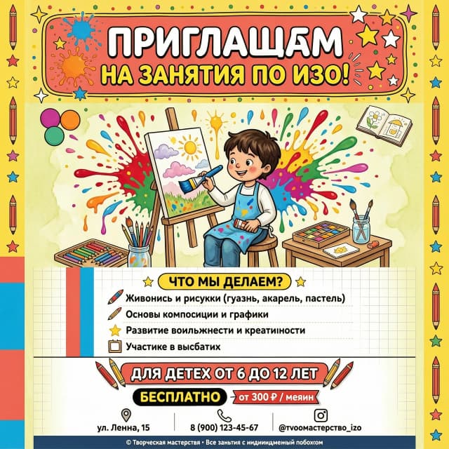 "Творческая мастерская" Крупный, яркий, игровой шрифт: ПРИГЛАШАЕМ 
 НА ЗАНЯТИЯ ПО ИЗО![ЦЕНТР: Визуальный блок]Здесь располагается сгенерированный рисунок (яркие брызги красок, карандаши, довольный рисующий ребенок).[НИЖНЯЯ ЧАСТЬ: Для кого и что будет]Выделено цветом или плашкой: Для детей от 6 до 12 летСписком (крупно и понятно):🖌️ Живопись и рисунок (гуашь, акварель, пастель)📐 Основы композиции и графики✨ Развитие воображения и креативности🖼️ Участие в выставкахЗанятия [БЕСПЛАТНО / цена]📍 Адрес: [Улица Ленина, 15📞 Запись по телефону ]🌐 Наш Инстаграм