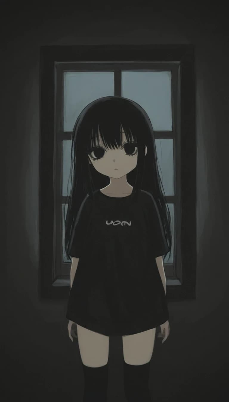 темная комната с окном. милая anime moe девушка. черные волосы. черные глаза глупые. черные ресницы. черная длинная футболка черные чулки носки