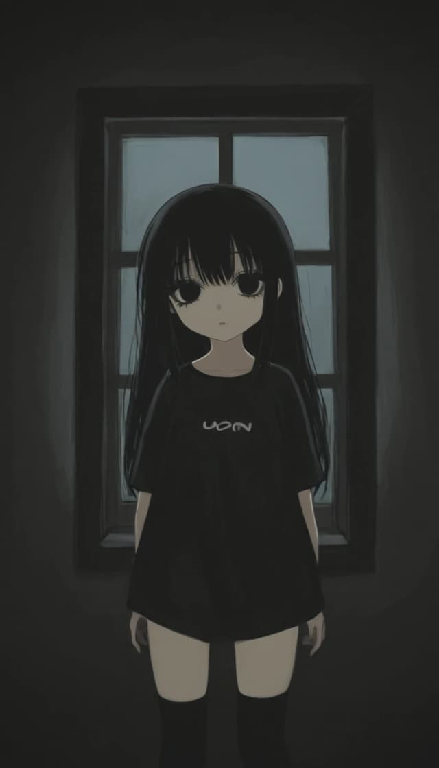 темная комната с окном. милая anime moe девушка. черные волосы. черные глаза глупые. черные ресницы. черная длинная футболка черные чулки носки