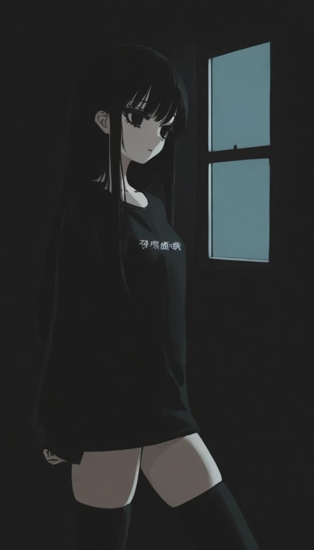 темная комната с окном. милая anime moe девушка. черные волосы. черные глаза глупые. черные ресницы. черная длинная футболка черные чулки носки