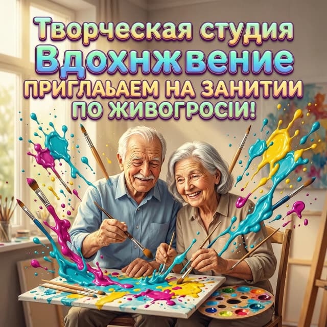 Graphic design poster for a creative studio. At the top, large, bold, playful, and vibrant 3D typography reads: "Творческая студия Вдохновение ПРИГЛАШАЕМ НА ЗАНЯТИЯ ПО ЖИВОПИСИ!". The font is rendered in a high-gloss, candy-coated finish with iridescent gradients and soft ambient occlusion shadows to create a tactile sense of depth.

The central focal point is a heartwarming, masterfully detailed digital painting of an elderly man and an elderly woman sitting side-by-side, joyfully immersed in a painting session. Their faces are expressive, featuring fine lines of wisdom, gentle wrinkles, and sparkling, luminous eyes that radiate pure creative fulfillment. They are enveloped in a swirling, cinematic explosion of artistic chaos: thick, impasto-style splashes of vibrant turquoise, magenta, and sunny yellow acrylic paint, floating wooden pencils, professional sable paintbrushes, and messy, textured palettes.

The composition follows a dynamic radial arrangement, drawing the eye from the bold text to the joyful subjects. A shallow depth of field is utilized, keeping the characters and typography in razor-sharp focus while the surrounding artistic elements melt into a soft, colorful bokeh. The lighting is warm and cinematic, reminiscent of a sun-drenched atelier, with volumetric god rays filtering through a window, illuminating the dust motes, the texture of the canvas, and the glowing skin tones of the artists. The overall mood is profoundly inspiring, energetic