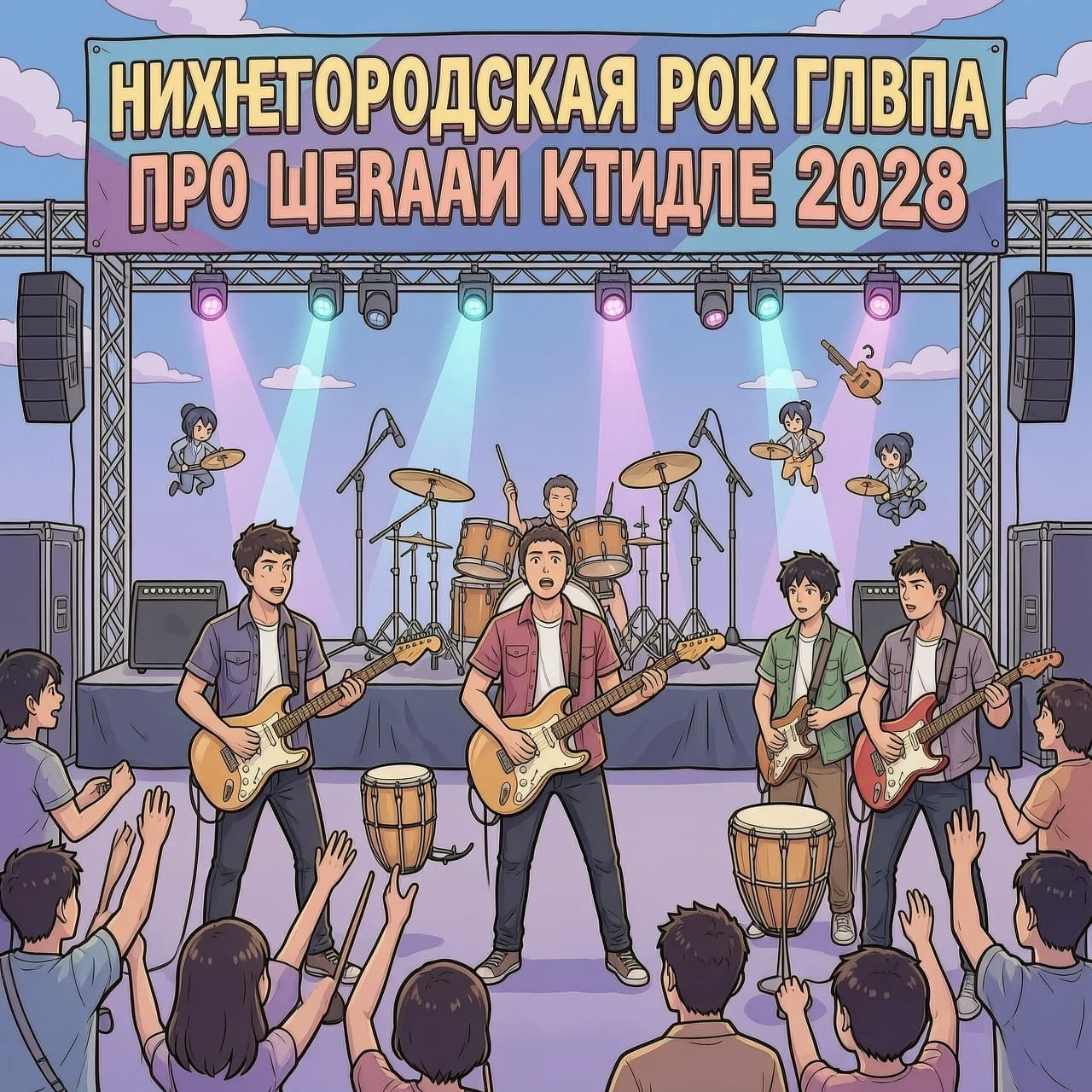 нижегородская рок группа по швам выступает на коачелле 2028 аниме барабаны чтоб еще были и скрипач и кахон и барабаны ещё одни и ещё одни барабаны и аниме много и макан