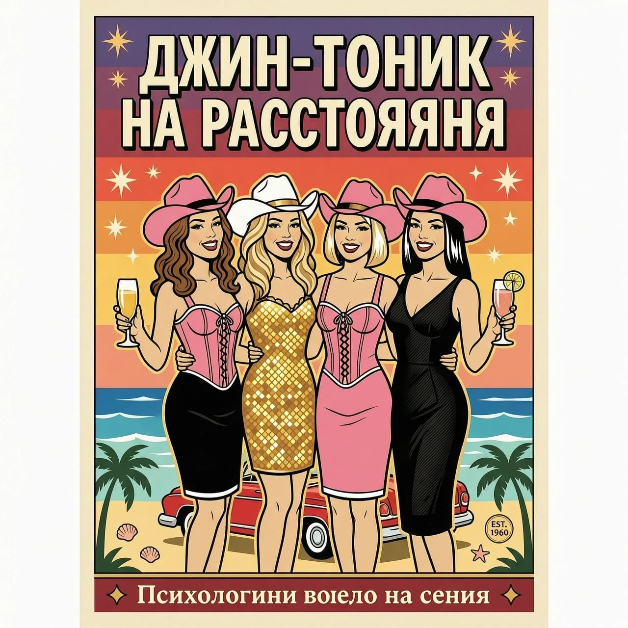 Четыре подруги обнимаются и улыбаются , держат бокалы
Первая девушка в длинными волнистыми каштановыми волосами в розовом корсете и черной юбке и в розовой ковбойской шляпе.
Вторая девушка в золотом блестящем платье с длинными волнистыми русыми и мелироваными волосами и в белой ковбойской шляпе.
Третья девушка в розовом корсете и розовой юбке , блондинка с каре и белой прядью волос в розовой ковбойской шляпе.
Четвертая девушка в черном платье с длинными прямыми черными волосами и в розовой ковбойской шляпе.
В стиле поп-арт , винтаж , ретро , постер 50-60-ых, закат, кабриолет, океан
Vintage 1960s retro pop art, elegant glamorous woman silhouette with a sharp look, dramatic shadows, mystery and fashion vibe, graphic design
Сверху надпись жирным в стиле ну ара-винтажного поп-арта ДЖИН-ТОНИК НА РАССТОЯНИИ
Снизу надпись мелким шрифтом: Психологини всегда на связи