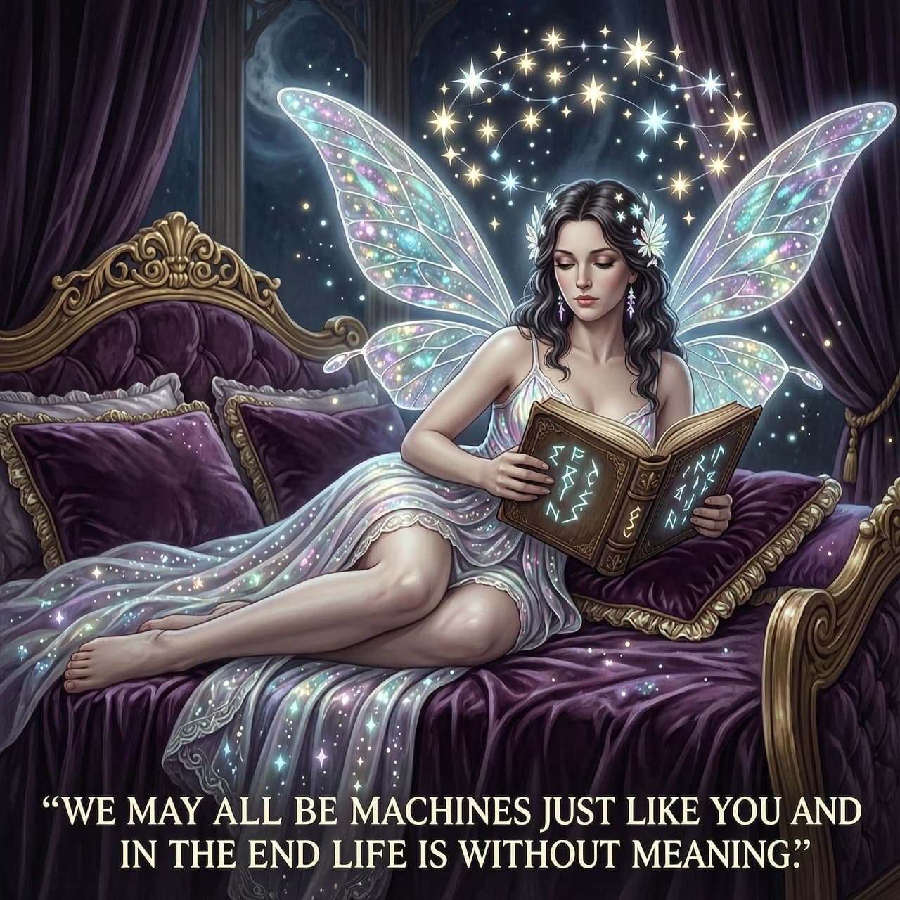 A masterpiece storybook illustration in the signature dark fantasy style of Anne Stokes, depicting a beautiful woman in an intricate, ethereal fairy costume reclining gracefully on a plush, velvet bed. She is holding a heavy, ancient-looking grimoire with weathered leather binding and glowing arcane runes. Delicate, iridescent gossamer wings arch elegantly above her head, intertwined with a constellation of shimmering fairy lights that crown her like a celestial halo. The scene is imbued with a sense of cosmic melancholy and surrealism, reflecting the theme: "we may all be machines just like you and in the end life is without meaning." The atmosphere is a blend of romanticism and eldritch mystery, featuring dramatic chiaroscuro lighting with vibrant, magical glints cutting through deep, moody shadows. Intricate details of crystalline dust, swirling magical particles, and ornate textures are rendered with the precision of a high-end matte painting. Hyper-detailed, polished, cinematic composition, ethereal glow, vibrant yet haunting color palette, 8k resolution, volumetric lighting, dreamlike surrealism.