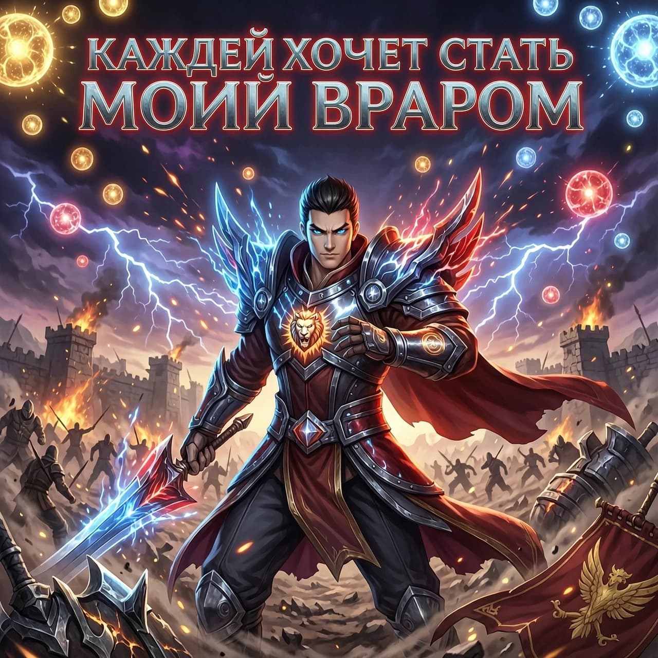 Vertical 9:16 promotional cover for Honor of Kings, epic cinematic MOBA battle scene, legendary warrior hero in the center, intense confident expression, dramatic battle armor, glowing magical energy surrounding the character, massive battlefield in the background, flying sparks and particles, dynamic motion, powerful red and blue lighting, cinematic atmosphere, high contrast, premium game poster aesthetic, ultra detailed, realistic fantasy game art, sharp face, dramatic rim light, explosive energy, depth of field, 8K quality.

Large bold Russian title at the top:
«КАЖДЫЙ ХОЧЕТ СТАТЬ МОИМ ВРАГОМ»

Title typography: massive cinematic letters, metallic texture, glowing edges, highly readable on a phone screen.

TikTok music cover, viral gaming aesthetic, professional album artwork, no cigarette, no watermark, no bottom banner, no extra text.
