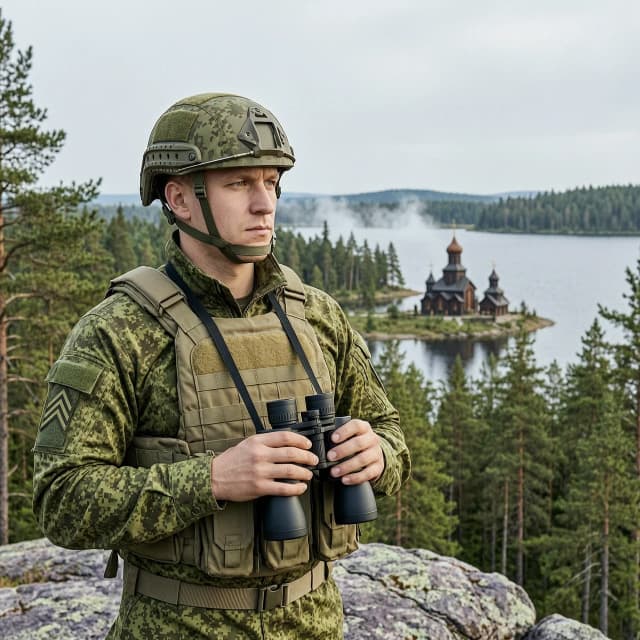 Нарисуй российского военнослужащего в современной боевой экипировке: камуфляж, бронежилет, тактический шлем с креплением под ПНВ., разгрузка армейского российского образца. В руках у него армейский бинокль, он смотрит в него вправо . Лицо сосредоточенное, без излишней экспрессии.  Оружия у него нет 
На форме — минимальные знаки различия, допустимы стандартные российские шевроны либо вообще без них. На фоне — пейзаж Карелии: хвойный лес, скалы, озеро. На дальнем плане — силуэт ансамбля Кижи, узнаваемый по куполам церквей. Освещение — мягкий дневной свет, лёгкая дымка, реалистичная стилизация, высокая детализация экипировки и природы, 8k.