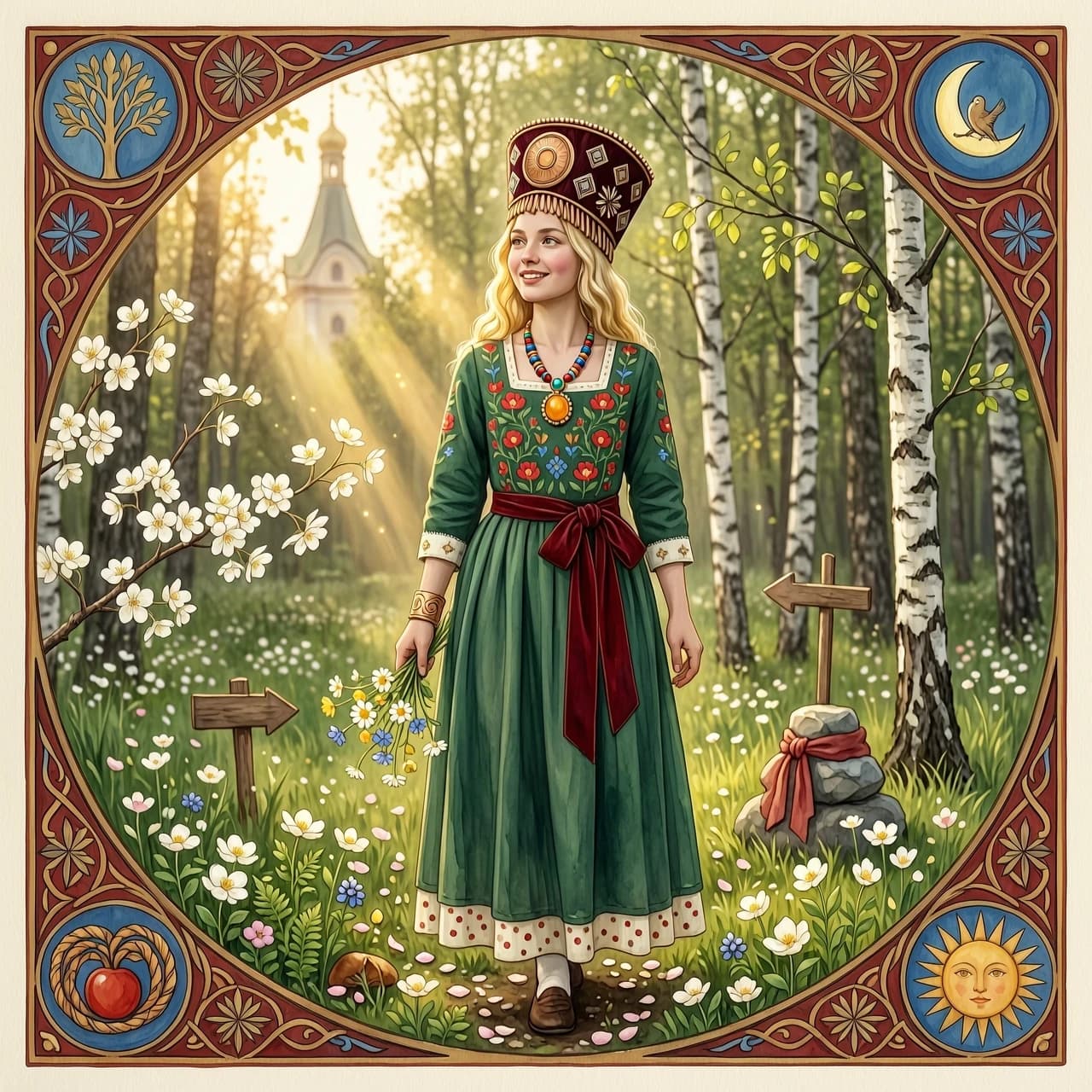 Russian Russians: A detailed portrait of a young woman of Slavic appearance from the 16th century in a traditional long Russian sundress and a traditional Russian cocoanut headdress, with blonde hair against the background of a spring blooming forest, in full growth. In the Glitter style: magical realism, natural symphony, shapes dissolve into color, lines flow like water, translucent layers with a watercolor texture, intricate ornaments at the corners of the composition.
High quality, 4k, octane, cinematic lighting, dramatic composition, eyes with increased detail, delicate skin texture, professional photography, depth of field, Leica camera, artstation trends, spectacular lighting, mystical atmosphere, detailed textures, volumetric lighting, works by Viktor Vasnetsov and Ivan Bilibin, gouache painting style, style Russian fairy tales, photorealism. An atmosphere of joy and serenity.
