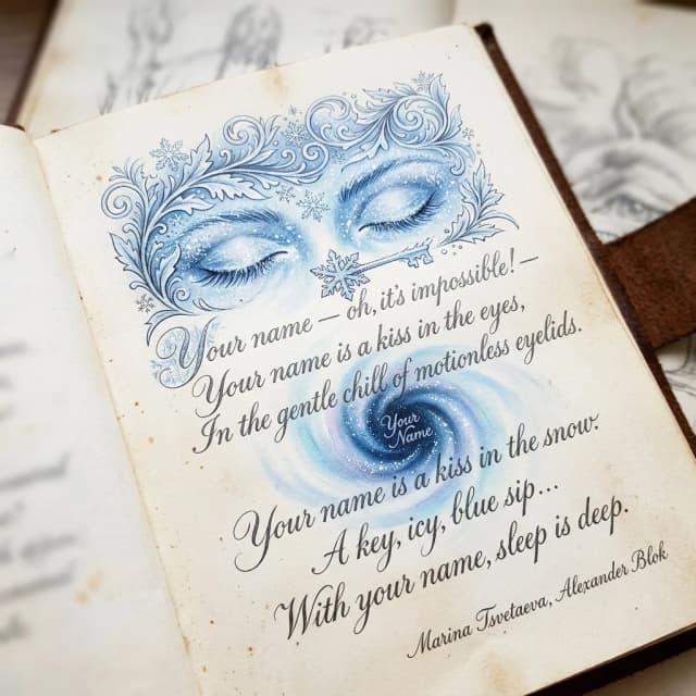 Your name — oh, it’s impossible! —
Your name is a kiss in the eyes,
In the gentle chill of motionless eyelids.
Your name is a kiss in the snow.
A key, icy, blue sip…
With your name, sleep is deep.” (Style):romantic fantasy, the Silver Age, close‑up, poem, art design, gradient, elegance, dedication. Marina Tsvetaeva, Alexander Blok.
Inner light. High quality, 4K, intricate details. Column text. Text color: graphite-pearl. Beautiful italic Italian font decorated with snow patterns.