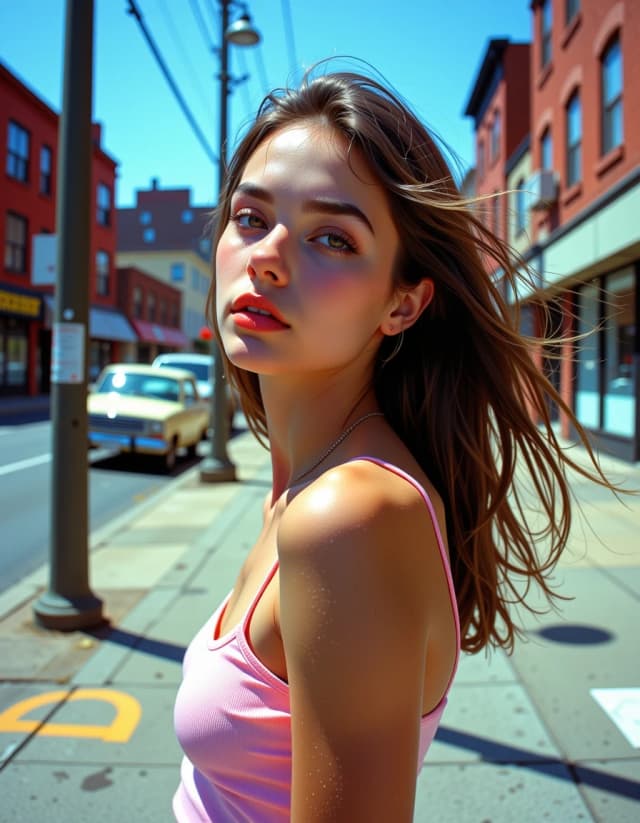 A masterpiece,  in the style of the 1980s, with bold lines, dynamic strokes and rich textures, on background with a touch of nostalgia, perhaps with subtle drawings inspired by cellulose and vintage, worn textures similar to paper, oil painting,   A candid street portrait of a young woman in open space under bold daylight, standing on a sunlit city sidewalk with faint crosswalk paint and scattered asphalt grit, head slightly turned and eyes naturally squinting from the sun, jawline caught by side-light and direct on-camera flash, casual low-rise denim and snug pastel tank top, soft windblown hair, relaxed posture and playful energy, point-and-shoot wide angle shot from close range in the street, blue sky overhead and urban edges in the background, deep sidewalk shadow and flash fill highlights on her skin, slight film grain and blue-red color pop, bold Y2K daylight flash street-style portrait energy. hdr