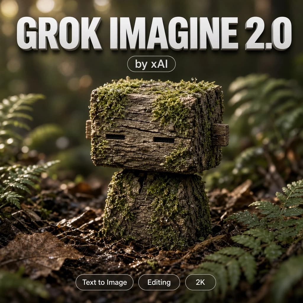 A hyper-realistic macro photograph of a tiny forest spirit creature with a cuboid head and body made of rough weathered tree bark, covered in patches of vibrant green moss, small wooden ears, a minimalist face with two horizontal slits for eyes, standing on the woodland floor among ferns and fallen leaves, shallow depth of field, soft cinematic side light, dew on the moss, real photographic texture and grain. Cover layout on top of the photograph, which fills the frame edge-to-edge with no border and no mockup: bold clean modern 3D typography reading "GROK IMAGINE 2.0" across the top, crisp and perfectly legible, EXACTLY ONE line, appears only once, a small clean tag "by xAI" directly beneath it, and along the bottom edge one row of three small rounded badges labelled "Text to Image", "Editing", "2K". Nothing else is written anywhere.