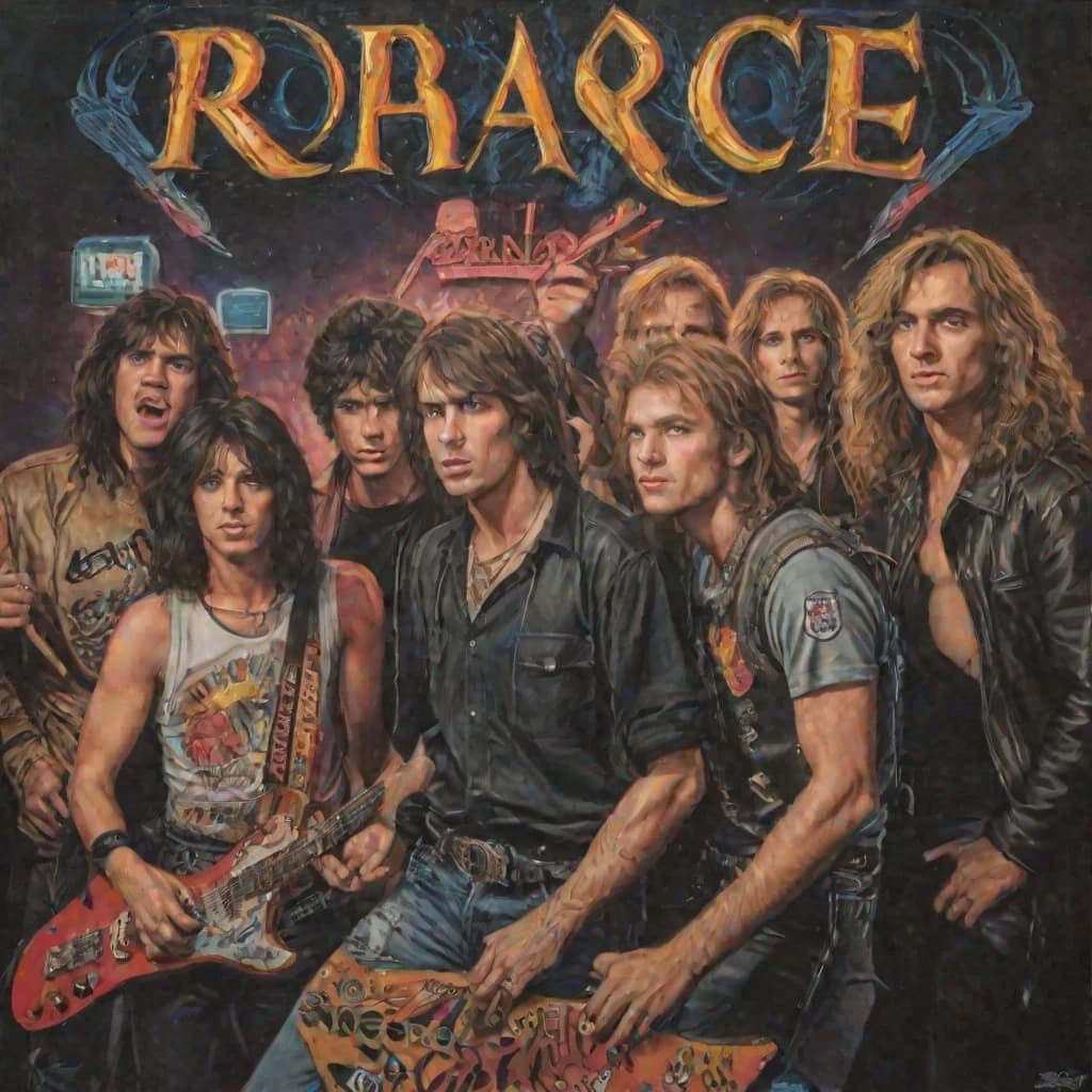 A masterpiece, energetic, vibrant full-color in the style of the 1980s, a highly detailed cinematic photograph of a vintage 1980s rock music poster, with no people in the frame, featuring a classic rock band logo, bold typography, and eye-catching graphics, set against a dark or muted background that accentuates the vibrant colors of the poster, with a focus on the textures and creases of the worn poster, showcasing the nostalgic feel of the era, captured through high-contrast photography with deep shadows and bright highlights, emphasizing the dramatic and moody atmosphere of rock music.