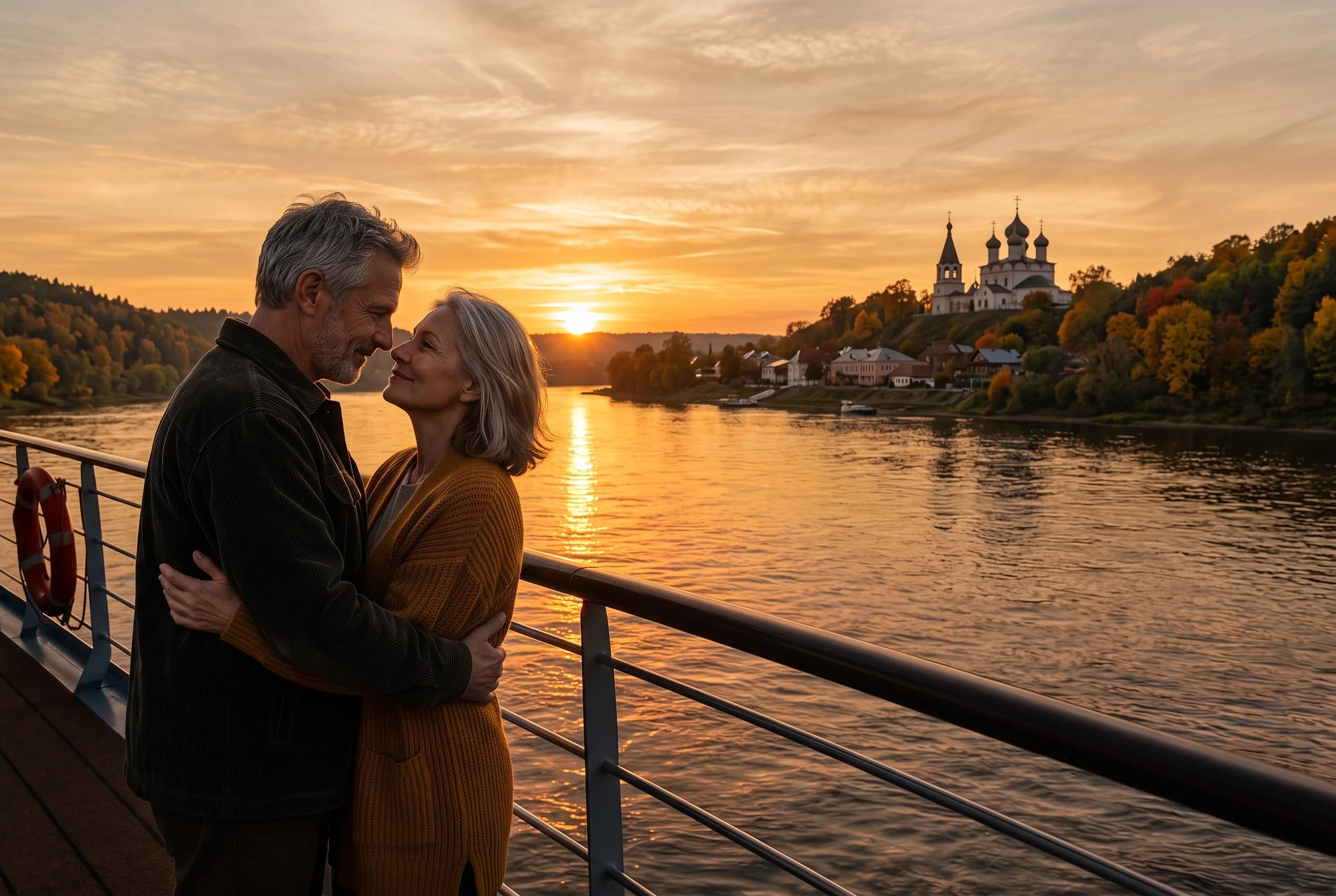 Redraw majestic high-resolution, cinematic wide shot romantic photo captures an older couple, aged 50–60, with gray in one's hair, in an embrace on the lower deck, closer to the river level, of a luxury premium river cruise ship during a breathtaking sunset. The background features a wide river reflecting the golden warm hues of the sky, leading the eye toward a picturesque Russian riverside, forests with yellow and red leaves, town nestled at the foot of a hill topped by a historic Orthodox cathedral. It is october, autumn, still warm but already feel cold in the air. The sky is a masterpiece of soft oranges, deep golds, and gentle ambers, with thin, wispy clouds catching the last rays of the sun which sits low on the horizon. The lighting is soft and backlit, casting the couple in a gentle silhouette while highlighting the contours of their faces and the textures of their clothing. The color palette is dominated by warm, monochromatic tones of gold and ochre, contrasted against the dark, cooling shadows of the ship's railing and the couple. The overall atmosphere is one of serene romance, tranquility, and timelessness, captured with the high-fidelity clarity of professional landscape photography.