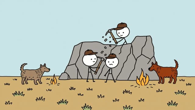 A flat stone gray rock quarry wall with a few black crack lines, tan ochre ground, pale sky blue sky, simple fully colored background with a clear horizon line. Two quarry worker stick figures with large round white heads, black dot eyes and flat brown work caps swing iron pickaxes at the rock wall, small gray rock chips flying. flat 2D hand-drawn cartoon illustration in a simple webcomic explainer style, clean slightly wobbly black ink outlines of even medium thickness on every shape, stick-figure characters with thin single-line black limbs, tiny line fingers and large perfectly round white heads with small solid black dot eyes and simple expressive line eyebrows and mouth, animals drawn with simplified natural proportions in side view with one flat fur color, a slightly darker accent tone and short texture strokes along the fur edges, flat solid color fills with no gradients, no shading, no cast shadows, no glow and no lighting effects, only sparse short hand-drawn texture strokes on fur, dry grass and wood, muted warm earthy palette of pale sky blue, tan ochre, straw yellow, warm brown, dark chocolate brown, bone cream, stone gray, taupe, rust red ochre and soft green with small orange-yellow fire accents, any text written in thin black hand-lettered uppercase marker letters, calm uncluttered composition with one main subject and only a few props, generous empty space, 16:9 horizontal composition, centered subject, plenty of empty negative space