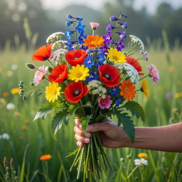 A bouquet of fresh wildflowers gathered in your hand. The composition uses bright colors: red poppies, yellow and orange daisies, blue and purple delphiniums, tiny white clusters and delicate pink buds. The stems and foliage are green. The background is a blurred meadow with green grass (bokeh effect). Daylight, soft sunlight, crisp details, realistic macro photography, floral aesthetics, vibrant colors, 8k, photorealistic.