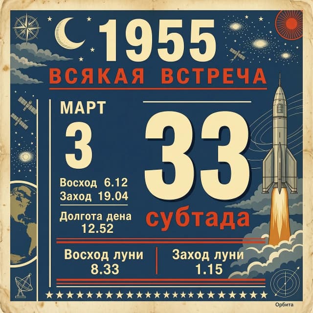 1955     В С Я К А Я   В С Т Р Е Ч А        
|  год       П Р Е К Р А С Н А                
|                                    
|                                                   
|   М А Р Т                                         
|                                              
|  33  суббота                     
|                                                 
 Восход 6.12   Заход 19.04    Долгота дня 12.52   
|                                                   
|  Восход луны 8.33          Заход луны 1.15 

календарь советской эпохи на заднем фоне ненавясчиво картинки ретронаучный футуризм ракеты космос