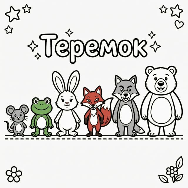 Black and white coloring page for kids, cute cartoon characters from the Russian fairy tale "Teremok" (The Little House). All animals are standing in a row on a flat horizontal surface. Characters include: a small grey Mouse, a green Frog, a fluffy white Bunny with long ears, a red Fox with a bushy tail, a grey Wolf, and a large brown Bear. Each character is isolated, in a simple vector style, with thick clear outlines and large empty spaces inside for easy coloring. No background, high contrast line art, suitable for cutting out and gluing onto a stick for a puppet theater.