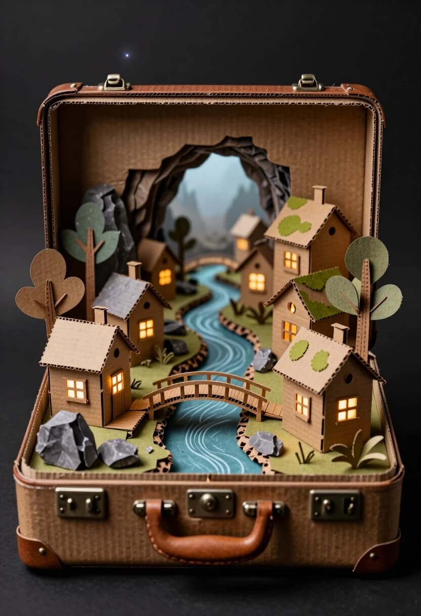 Photorealistic cinematic still, 8K resolution, hyper-realistic style with a tactile, handmade aesthetic: the entire miniature world inside the suitcase is crafted from cardboard, with visible corrugated texture, cut edges, overlaps, and subtle glue seams—every element (houses, bridge, rocks, trees) is a meticulously assembled cardboard diorama, painted and weathered to look like a fully realized fantasy set.
чемодан находиться на пыльном чердаке
Composition: open vintage brown suitcase centered in the frame against a deep matte black background. Inside, a layered cardboard diorama forms a magical landscape: a winding river flows through the center, flanked by rocky banks and wooden-style bridges; quaint houses with mossy roofs and glowing windows sit on both sides; a large cave archway frames the distant horizon, leading to a misty, ethereal light.

Cardboard construction details: houses feature layered cardboard walls, textured roofs mimicking shingles, tiny cardboard chimneys, and cut-out windows with warm LED-style illumination from within. The bridge is a delicate arch of folded and glued cardboard strips, reinforced with subtle wooden-looking dowels. Rocks are sculpted from crumpled and shaped cardboard, painted with muted grays and greens. Trees are built from twisted cardboard strips and fine paper fibers for foliage, with hand-painted bark texture.

Lighting: soft, directional studio lighting from the upper left, casting gentle shadows and highlighting the cardboard’s ridges and layers. Warm amber light glows from the houses’ windows, contrasting with the cool bluish light coming from the cave’s distant opening. Subtle lens flare and a shallow depth of field keep the suitcase’s metal clasps and leather handle in sharp focus while softly blurring the far end of the diorama.

Atmosphere: whimsical, nostalgic, and enchanting—a sense of a hidden world lovingly crafted by hand.

Focus: sharp on the suitcase’s handle, clasps, and the nearest diorama elements; gradual soft blur toward the cave’s backlight. Textures: corrugated cardboard grain, matte paint, tiny hand-applied details, weathered edges, and delicate paper foliage.

Camera settings: 50mm equivalent lens, f/2.8, ISO 800, minimal motion blur, high micro-contrast to emphasize material detail.

Style: photorealism with a tactile, artisanal feel—the magic comes from the craftsmanship, not digital surrealism; every object is clearly made of cardboard yet fully believable as a tiny world.
чемодан находиться на пыльном чердаке
