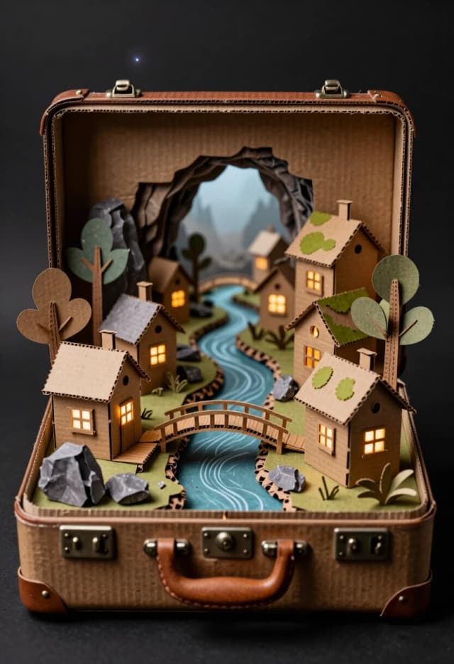 Photorealistic cinematic still, 8K resolution, hyper-realistic style with a tactile, handmade aesthetic: the entire miniature world inside the suitcase is crafted from cardboard, with visible corrugated texture, cut edges, overlaps, and subtle glue seams—every element (houses, bridge, rocks, trees) is a meticulously assembled cardboard diorama, painted and weathered to look like a fully realized fantasy set.
чемодан находиться на пыльном чердаке
Composition: open vintage brown suitcase centered in the frame against a deep matte black background. Inside, a layered cardboard diorama forms a magical landscape: a winding river flows through the center, flanked by rocky banks and wooden-style bridges; quaint houses with mossy roofs and glowing windows sit on both sides; a large cave archway frames the distant horizon, leading to a misty, ethereal light.

Cardboard construction details: houses feature layered cardboard walls, textured roofs mimicking shingles, tiny cardboard chimneys, and cut-out windows with warm LED-style illumination from within. The bridge is a delicate arch of folded and glued cardboard strips, reinforced with subtle wooden-looking dowels. Rocks are sculpted from crumpled and shaped cardboard, painted with muted grays and greens. Trees are built from twisted cardboard strips and fine paper fibers for foliage, with hand-painted bark texture.

Lighting: soft, directional studio lighting from the upper left, casting gentle shadows and highlighting the cardboard’s ridges and layers. Warm amber light glows from the houses’ windows, contrasting with the cool bluish light coming from the cave’s distant opening. Subtle lens flare and a shallow depth of field keep the suitcase’s metal clasps and leather handle in sharp focus while softly blurring the far end of the diorama.

Atmosphere: whimsical, nostalgic, and enchanting—a sense of a hidden world lovingly crafted by hand.

Focus: sharp on the suitcase’s handle, clasps, and the nearest diorama elements; gradual soft blur toward the cave’s backlight. Textures: corrugated cardboard grain, matte paint, tiny hand-applied details, weathered edges, and delicate paper foliage.

Camera settings: 50mm equivalent lens, f/2.8, ISO 800, minimal motion blur, high micro-contrast to emphasize material detail.

Style: photorealism with a tactile, artisanal feel—the magic comes from the craftsmanship, not digital surrealism; every object is clearly made of cardboard yet fully believable as a tiny world.
чемодан находиться на пыльном чердаке