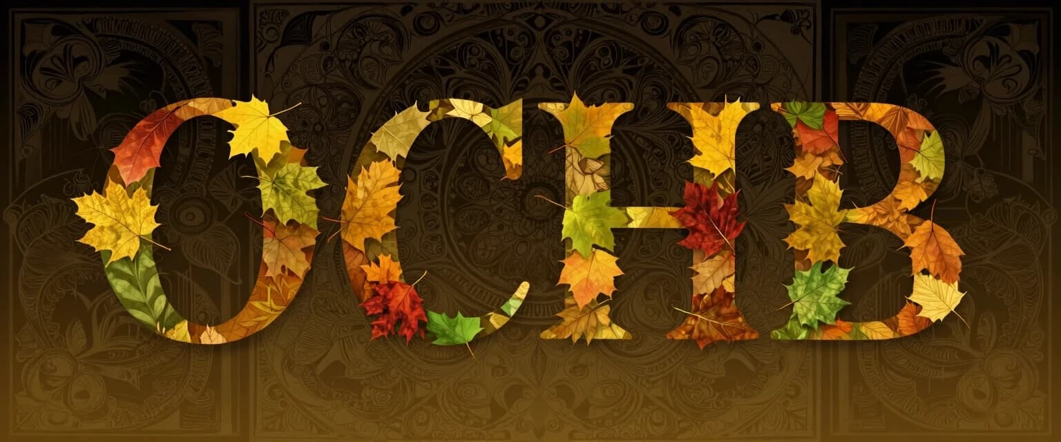 Digital image with double exposure and overlay of layers and textures. Vector graphics. The word "OCEHb" is made of gold, crimson and green skeletonized textured autumn leaves in various shades of yellow, orange, green and red. An unusual font made of autumn leaves. A very detailed and impressive font. Font and background contrast, fading, gradient. Background: a lot of dark with light ornaments. Delicate elements of the floral pattern. Gothic, decorative style, Art Nouveau. Abstract vector fractal pattern, Zentangle, Gothic, dark art. In the style of Alphonse Mucha, Gustav Klimt, Aubrey Beardsley and Roman Tirtov. High level of detail.
