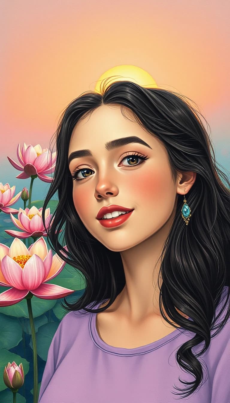 A masterpiece,  in the style of the 1980s, with bold lines, dynamic strokes and rich textures, on background with a touch of nostalgia, perhaps with subtle drawings inspired by cellulose and vintage, worn textures similar to paper,oil painting, young woman  of the Caucasian type with bright, expressive facial expressions and expressive facial features. The face is rounded, with soft contours and noticeable, but not sharp, cheekbones; the shape gives the face a benevolent appearance, with a medium-height forehead that is smooth and without deep wrinkles; the hairline is smooth and framed by light strands. The eyebrows are neat and arched, with a medium width, emphasizing the emotional nature of the gaze. The eyes are large and almond-shaped, with an open and lively expression. straight nose, with a thin back and a neat tip; medium-full lips, curved in a wide smile; the outline is clear, the smile is open. fair skin, with an even tone and a natural blush; dark brown hair, wavy, and styled loosely; some of the strands frame the face, while others are gathered in a light, semi-collected hairstyle.standing by a lily pond, soft sunrise lighting, impressionist oil painting style, visible delicate brushstrokes, luminous water reflections, misty atmospheric depth, Claude Monet inspired color palette of lavender and pale green, painterly and dreamy