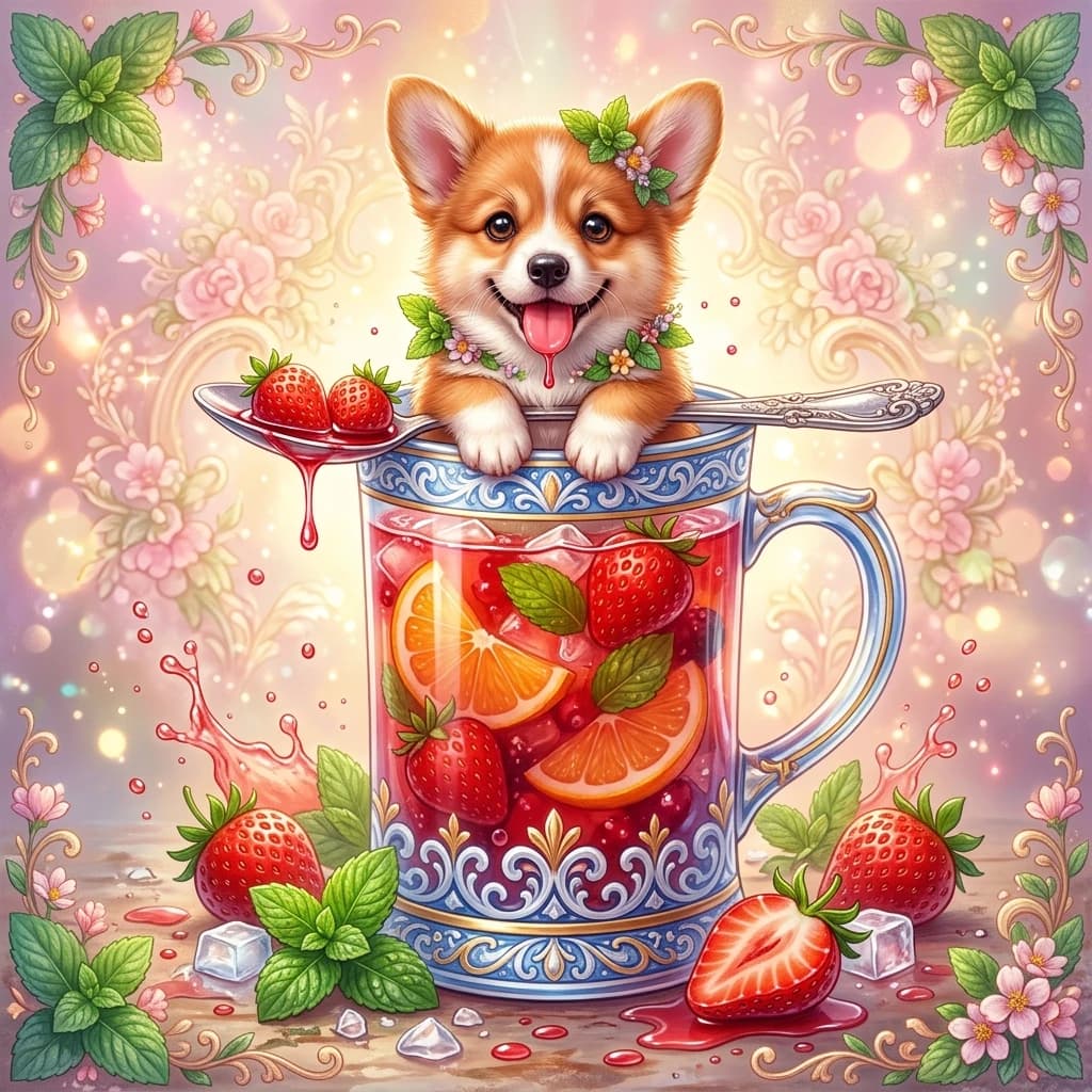 In the center of the composition is a large tall mug made of blue and white glass. It's filled with fruit and berry juice. Orange slices (or tangerine) and several whole strawberries float inside the mug. A small red-haired Corgi puppy is sitting on the edge of the mug. He looks very pleased: his tongue is sticking out, his eyes are shining with pleasure. It seems like he just licked his lips after tasting this delicious drink. A drop of syrup drips from his muzzle right onto the edge of the spoon. This silver spoon lies across the edge of the mug and serves as a bridge for the puppy. There are two whole strawberries on its surface, and traces of red juice are visible around the edges. The composition is surrounded by decorative elements: mint. Mint leaves are painted in the corners of the picture. They give the image a romantic and cozy look. The clubmate's puppy. There are several more strawberries scattered next to the mug, one of which is split in half to show drops of juice. Small drops are flying everywhere, creating a sense of movement and fun. It's like splashing compote when stirring with a spoon. The background of the image is light, pastel, with light pink streaks, which emphasizes the overall sweet and joyful atmosphere. (Style): fantasy, floristry, art design, Rococo baroque, double exposition, close-up. The inner light. High quality, 4k, intricate details.