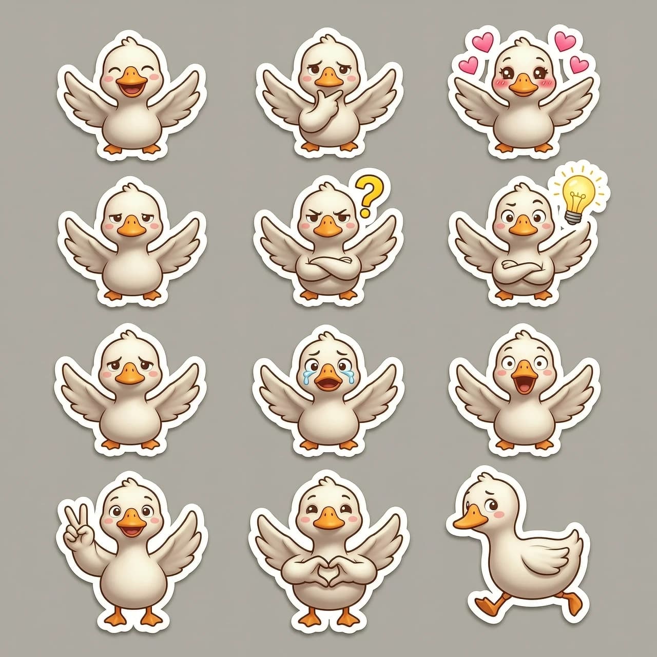 Sticker pack sheet of a cute goose character, 3D cartoon style, high-quality render, C4D, Octane Render. The character is flying. The set includes multiple individual stickers with a consistent character design, each featuring a thin white die-cut border, isolated on a plain neutral grey background. 

The sticker set includes the following diverse expressions and poses, where facial emotions perfectly match the gestures:
1. Joyful laughter with eyes closed and a wide smile.
2. Deep thoughtfulness with a hand on her chin and a squinted gaze.
3. Love-struck with blushing cheeks, sparkling eyes, and floating pink hearts around her.
4. Angry with furrowed brows, a pout, and crossed arms.
5. Confused with a tilted head and a bright yellow question mark above her head.
6. Inspired with a "Eureka!" moment, eyes wide, and a glowing yellow lightbulb floating nearby.
7. Sadness with teary eyes and a small teardrop falling.
8. Extreme surprise with wide eyes and an open mouth.
9. Peace sign with a cheerful smile and a "V" gesture with her fingers.
10. Making a heart shape with her hands, looking sweet and affectionate.
11. Running away in panic, looking back with a worried