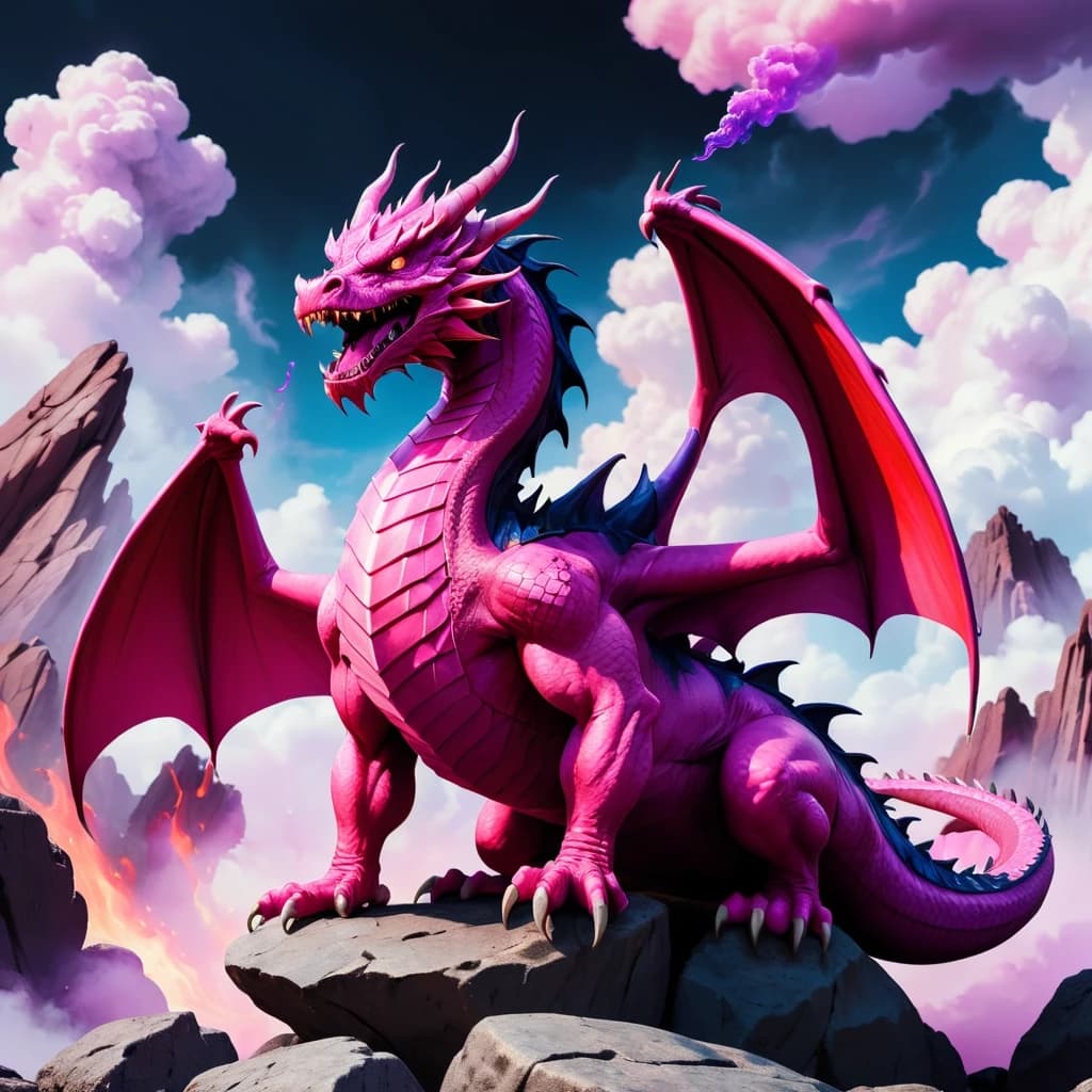 A pink intimidating dragon sitting on a rock. create a background: pink, purple, violet, and blue clouds.
a red and black flame comes out of its mouth.