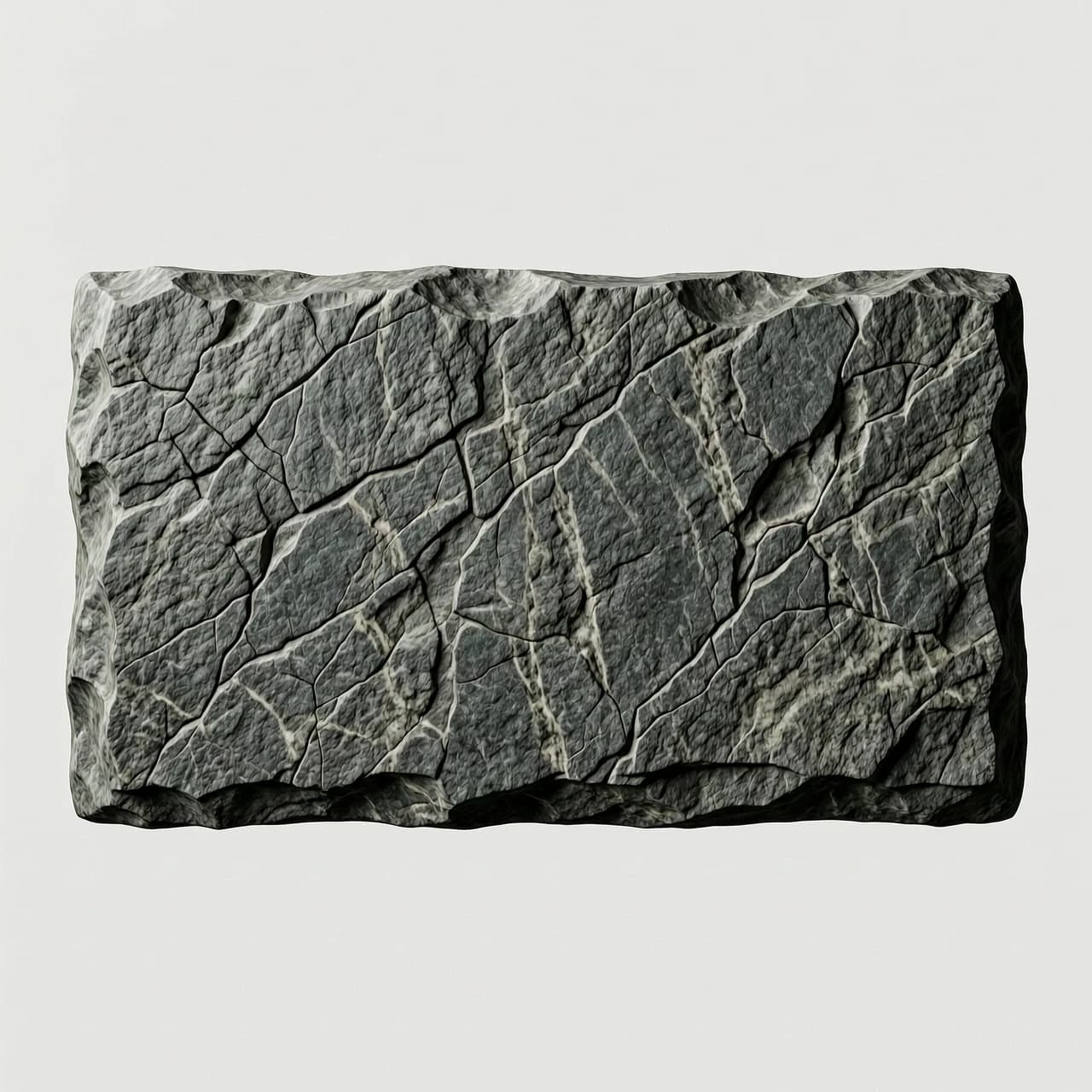 A high-quality isolated asset for Photoshop: a rectangular floating slab made of textured dark grey granite stone, designed as a text background plate. The stone features realistic micro-cracks, subtle mineral veins, and a rugged, weathered surface with fine granular details. Cinematic side lighting to emphasize the tactile relief and heavy texture. Sharp focus, macro photography style, studio lighting. The object is centered on a solid, clean, plain white background for easy masking and removal. Hyper-realistic 8k render, photorealistic stone material, neutral moody atmosphere, high contrast between light and shadow on the stone edges.