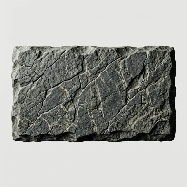 A high-quality isolated asset for Photoshop: a rectangular floating slab made of textured dark grey granite stone, designed as a text background plate. The stone features realistic micro-cracks, subtle mineral veins, and a rugged, weathered surface with fine granular details. Cinematic side lighting to emphasize the tactile relief and heavy texture. Sharp focus, macro photography style, studio lighting. The object is centered on a solid, clean, plain white background for easy masking and removal. Hyper-realistic 8k render, photorealistic stone material, neutral moody atmosphere, high contrast between light and shadow on the stone edges.