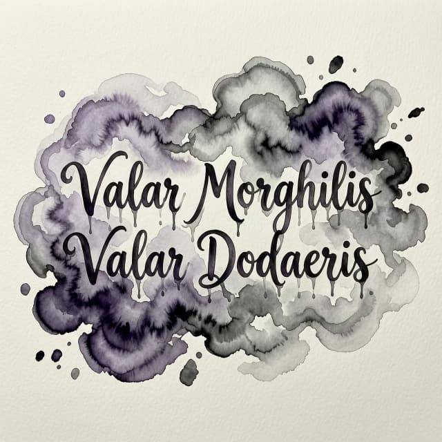 Художественный эскиз татуировки в акварельной технике. Текст «Valar Morghulis / Valar Dohaeris» полупрозрачный, будто написан чернилами с эффектом растекания. Вокруг — разводы тёмно-фиолетовой, серой и чёрной акварели, создающие эффект тумана. Лёгкие потёки краски, мягкие края. Стиль: свободная акварель, атмосферно, без жёстких контуров.