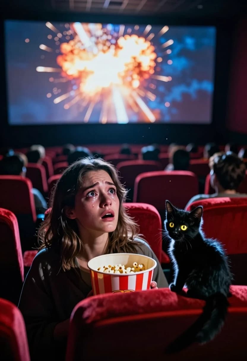 Photorealistic cinematic shot, 8K, Octane render, dramatic lighting. Wide shot with a low-angle camera tilted slightly up, looking from the back row of the cinema towards the screen — this angle makes the rows of heads feel like an ocean of anticipation. It’s the peak emotional moment of the film: the screen glows with a massive explosion, and the entire audience is frozen in a collective gasp. In the foreground, a young woman’s face is caught in a dramatic close-up: her eyes are wide, tears welling up, mouth slightly open in shock, every eyelash and tiny crease visible. She’s holding a half-empty popcorn bucket, and a few kernels have spilled onto her lap. Right beside her on the armrest, a tiny fluffy black kitten with glowing yellow eyes is also staring at the screen, its ears perked up in total fascination — as if it understands the stakes. The air is thick with cinematic atmosphere: floating dust motes catch the blue glow from the screen, and the red velvet of the seats has deep, rich texture. Rim light outlines the woman’s silhouette, separating her from the dark audience behind. Mood: collective emotion, suspense, cinematic awe.
