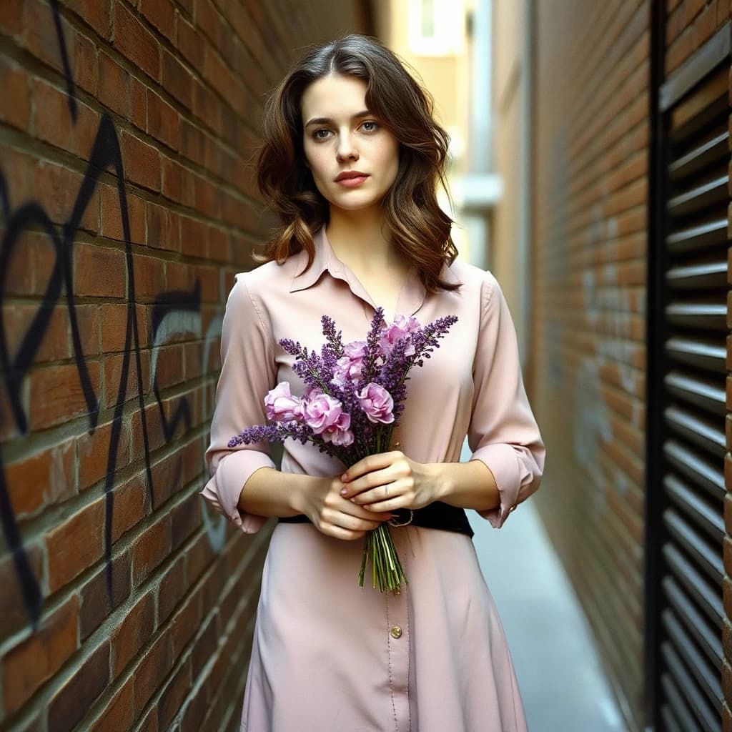 A young woman with wavy dark brown hair and freckles stands against an old brick wall on a narrow city alley. She wears a dusty pink shirtdress with an asymmetrical hem and a black velvet belt; the sleeves are rolled up to the elbows. She holds a carelessly arranged bouquet of buddleia, a few sprigs slightly fallen. She doesn't look at the camera, but gazes thoughtfully at the graffiti on the wall, as if remembering something. The photo was taken on 35mm film, in warm daylight, with a slight grain, crisp textures of brick and fabric, and a medium depth of field: the figure is in focus, the edges of the frame are slightly softer.