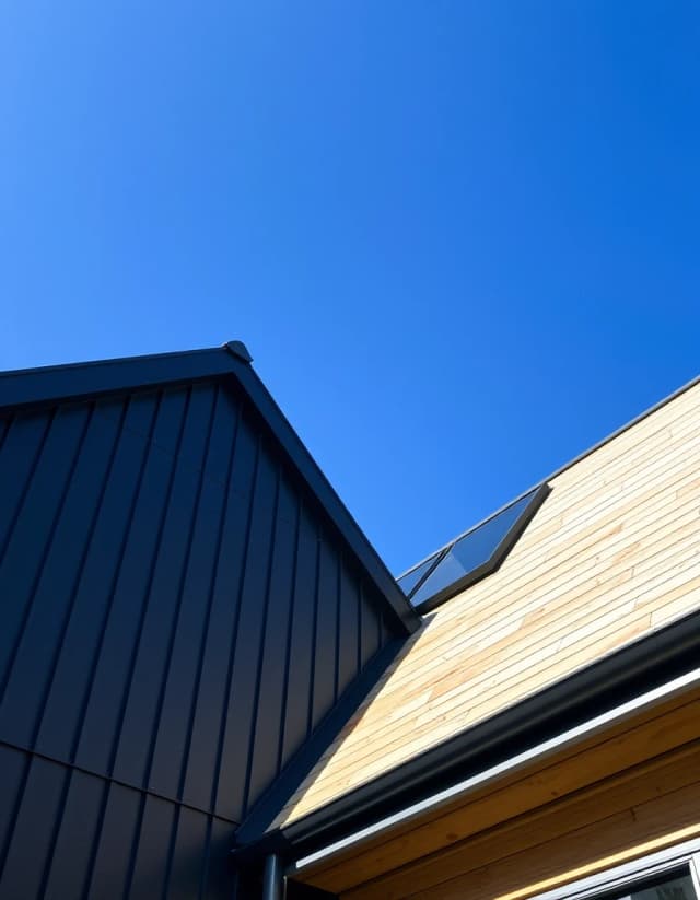 Vertical low angle photography, modern barnhouse residential building, dark anthracite metal and natural wood planks, solar panels on the steep roof, bright blue sky background, realistic textures.