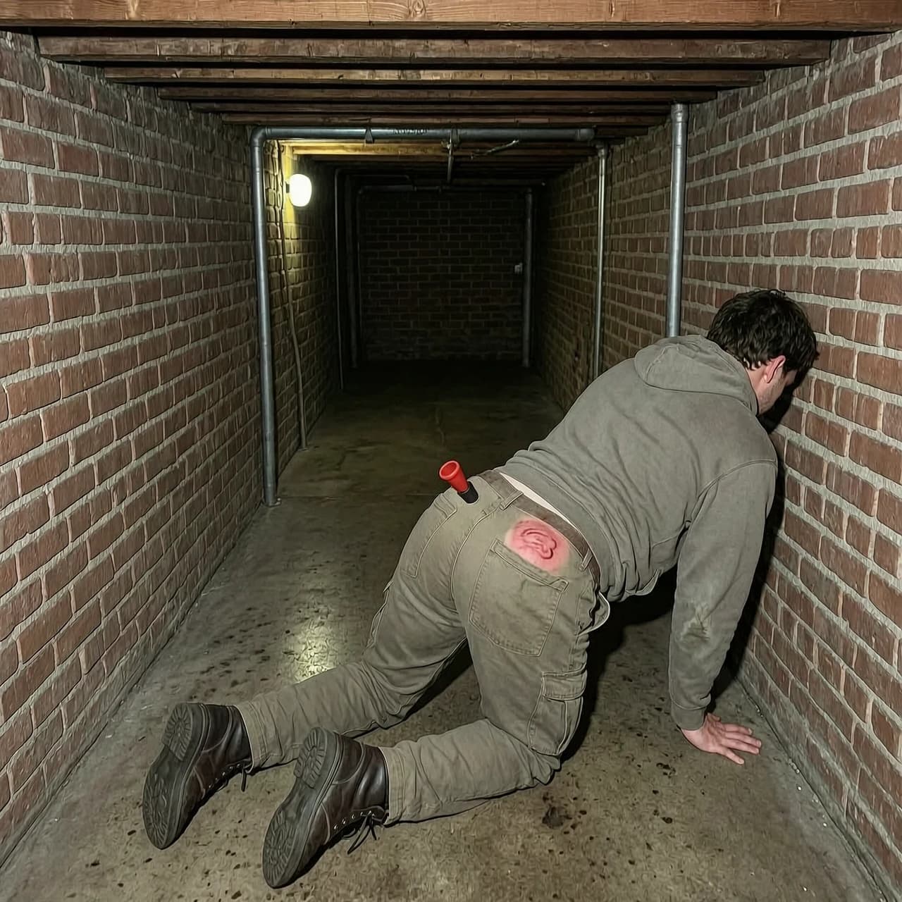 Glorious hole, basement, ass, on the ass there is a mark from a hand slap, in there is a butt plug
