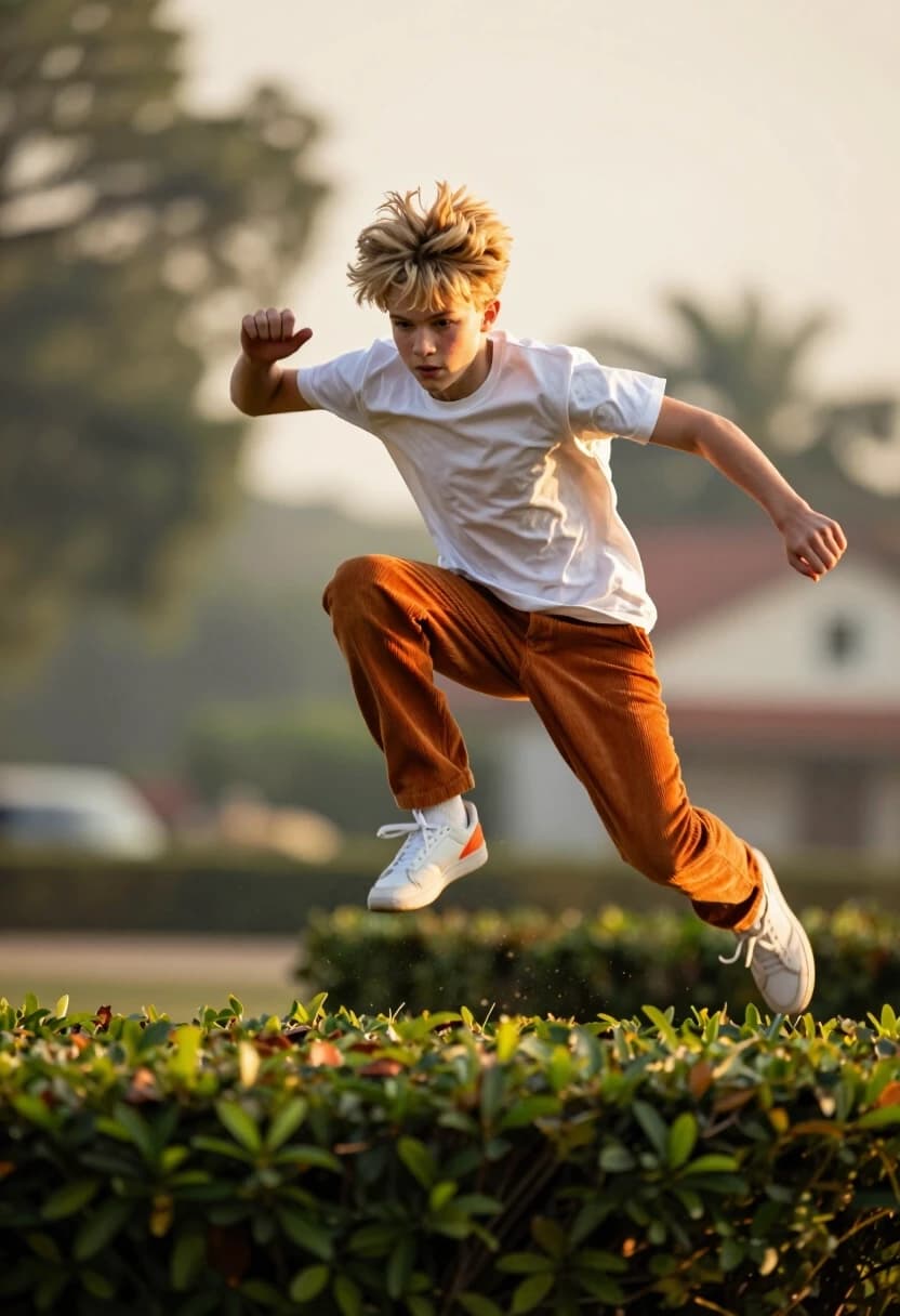 Photorealistic cinematic shot, 8K, ultra-detailed. A young male teenager with tousled blond hair is captured in the exact peak of a dynamic jump over a low green hedge. His pose is powerful and focused: one leg thrust forward, the other trailing behind; arms extended for balance, fingers slightly curled; torso tilted slightly forward to emphasize momentum. His face is intense and concentrated, gaze fixed straight ahead. He’s wearing a plain white t-shirt, loose mustard-orange corduroy pants, and white sneakers with subtle orange accents.

The background is artistically blurred with strong motion bokeh to convey speed and energy—soft outlines of trees and distant houses fade into a warm, hazy atmosphere. The foreground hedge is in sharp focus, with individual leaves and tiny particles of dust suspended in the air around the jump, highlighting the impact of the movement.

Lighting is soft and golden, reminiscent of late afternoon sun, casting gentle shadows and warm highlights on the skin and fabric. The composition is slightly low-angle to make the jump look more dramatic and heroic.

Style: high-end editorial photography with a cinematic feel, perfect for a lifestyle or sports magazine cover. Camera: 85mm lens, f/1.8, fast shutter speed to freeze the action while keeping the background fluidly blurred. Atmosphere: energetic, youthful, full of motion and anticipation.