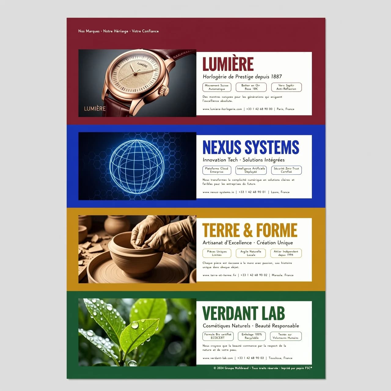 I have 4 brands with 4 different images. I want to create printed advertising material for clients where on the first page I want to place both the images and the necessary information about the brand. The material will be distributed to clients in the form of a flyer. The sheet is divided into 4 horizontal stripes (top to bottom). This is very convenient for reading: the eye slides from top to bottom. How to play with the image: Each stripe is its own color block. On the left side of the stripe, you create a 'visual anchor' (product photo or abstract image spot), and on the right side, you place the text. The trick: You can make the stripes of different heights. The brand with the brightest image (premium) can occupy 40% of the sheet height, and the other three - 20% each. variants