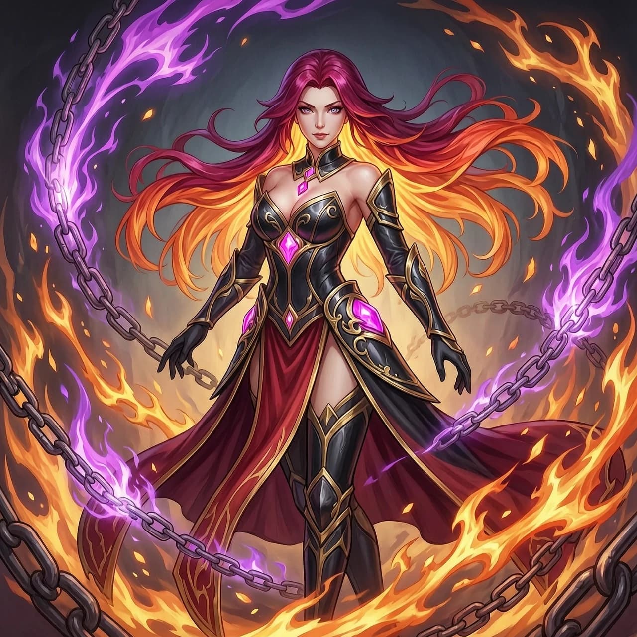 Masterpiece digital painting, premium hand-painted 2D game key art, anime-inspired semi-realistic style. A complete visual reimagining of the character as a stunningly beautiful adult female heroine, transcending a simple gender-swap to create a unique individual. She possesses a distinctly feminine anatomy with graceful shoulders, a slender waist, elegant hips, and lithe, toned limbs. 

Her costume is an elaborate, legendary-tier female battle-regalia, moving away from heavy male armor toward a sophisticated silhouette of ornate black obsidian plates and crimson silk drapery. The outfit integrates intricate gold filigree and glowing magenta ornaments, blending dark fantasy aesthetics with high-fashion elegance. Her hair is a breathtaking feature: long, voluminous, flowing locks of living fire that transition from deep magenta to brilliant orange and incandescent gold, swirling dynamically around her.

The composition is a dynamic, low-angle cinematic shot, emphasizing her epic presence. She is surrounded by a swirling vortex of supernatural energy: intense demonic fire, crackling orange-red embers, and ethereal purple flames that dance between heavy, glowing enchanted chains. 

Lighting is dramatic and chiaroscuro-inspired, with the primary light source being the intense glow from her own magical powers, casting deep shadows and vibrant rim lighting across her detailed facial features and expressive, glowing eyes. The atmosphere is intense, powerful, and mystical. Highly polished professional illustration with painterly textures, intricate particle effects, and a sense of overwhelming magical power. Фото прикрепить нельзя по этому референс - Валир из игры мобайл легенд в легендарном скине Пламя Инферно.