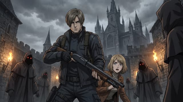 Resident Evil (Франшиза), Леон Кеннеди в боевой стойке с дробовиком, и напуганная Эшли Грехем, на фоне готического замка и злых культистов в плащах, стиль аниме с реалистичными деталями