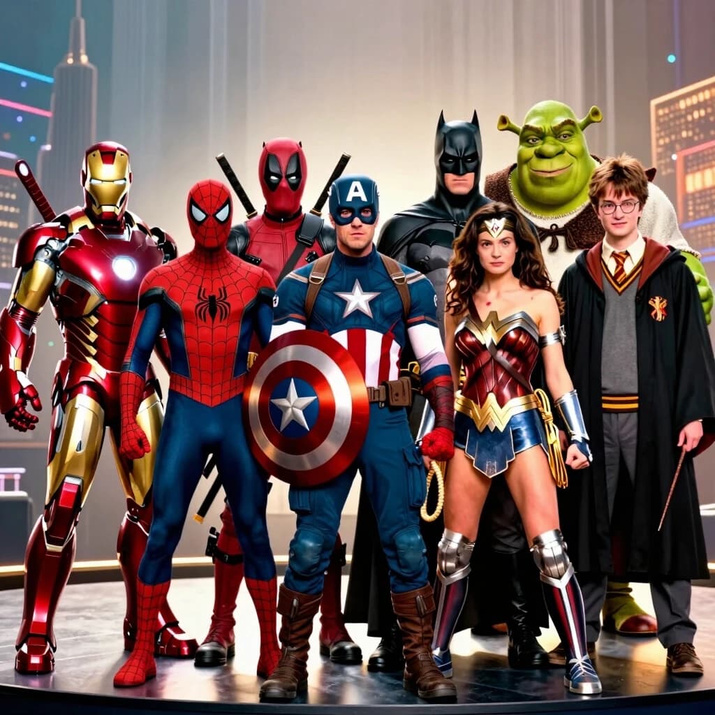 Realistic collage composition, full-length group portrait. Nine iconic characters from movies and comics are in the frame, standing together on one stage: Iron Man, Spider-Man, Captain America, Deadpool, Batman, Wonder Woman, Shrek, Harry Potter, and Neo from "The Matrix". Composition: all characters are arranged in one or two rows, facing the camera. Each character is recognizable by their canonical clothing, equipment, and attributes: Iron Man in armor with a reactor, Spider-Man in a red and blue suit, Captain America with a shield, Deadpool with katanas and a mask, Batman in a cape, Wonder Woman with a lasso, Shrek in peasant clothes, Harry Potter in a robe with a wand and scar, Neo in a black trench coat. Heroes from different universes are gathered together in one frame. Background: neutral studio background or a dynamic city skyline, epic / futuristic style. Elements that unite the universes may be present in the background: for example, portals, a starry sky, or city rooftops. Lighting: dramatic studio lighting, warm and cool accents, soft shadows, backlighting of characters to separate them from the background. Technical parameters: photorealism, ultra-high detail. Visible textures: texture of costumes, fabrics, armor metal, Shrek's skin, magical artifacts. Sharp focus on all characters, large depth of field (f/8–f/11) to preserve the details of all figures. High resolution, professional color correction. Style: cinematic, crossover poster, epic fan art. Aspect ratio 16:9 or 3:4.