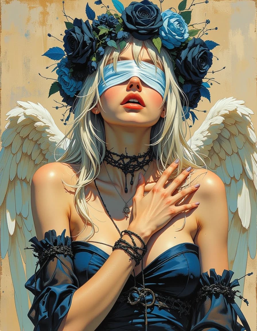 A masterpiece,  in the style of the 1980s, with bold lines, dynamic strokes and rich textures, on background with a touch of nostalgia, perhaps with subtle drawings inspired by cellulose and vintage, worn textures similar to paper,oil painting, Middle ground, beautiful angel girl with silk blindfold, plump lips, disheveled white long hair, with feathers in her hair, crown of blue-black roses, crown of thorns digging into her skin, hands tied, eyes covered with blindfold, captured angel with white wings, high quality, dark fantasy, botanical art, surrealism, 8k, mystical light, abstract style, hyper detailed, hyper resolution, professional photography for Vogue magazine