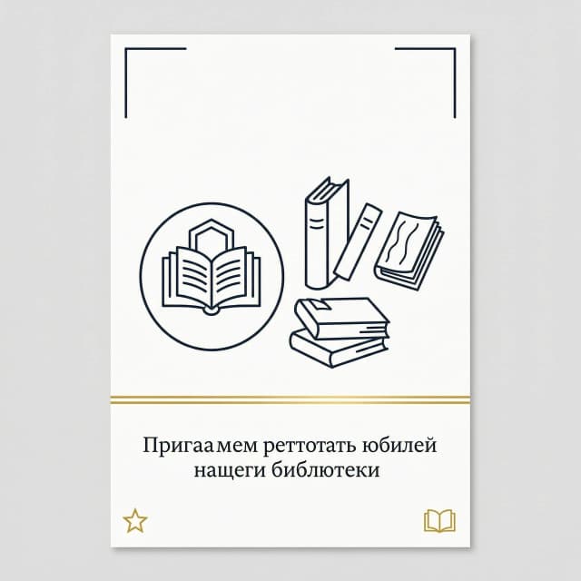 Минималистичное приглашение на юбилей библиотеки: белый фон, в центре — стилизованный логотип библиотеки из тонких линий, рядом — абстрактные силуэты книг и летящих страниц. Внизу лаконичный текст: „Приглашаем отметить юбилей нашей библиотеки“. Цветовая гамма — белый, тёмно-синий и акцентный золотой. Стиль — плоский векторный дизайн, чистые линии, без лишних деталей, минимализм, высокое разрешение».